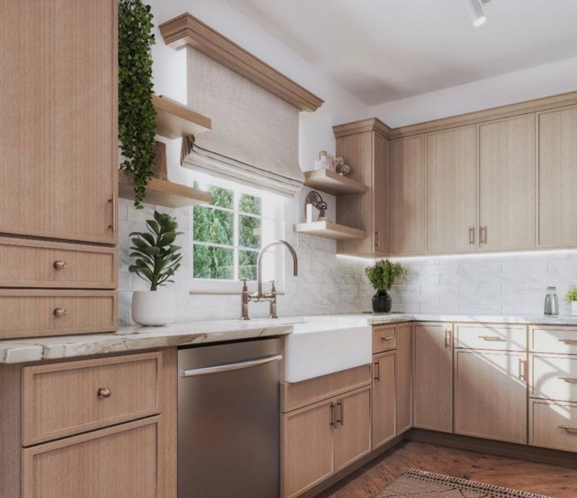Cocina con gabinetes de roble